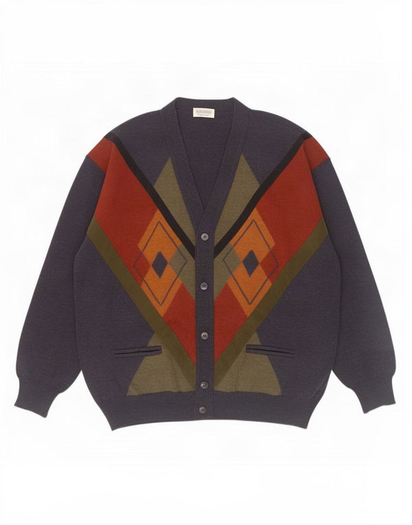 Masque Mens Cardigan Sweater IT 56 2XL Navy Blue Argyle/Diamond New Wool