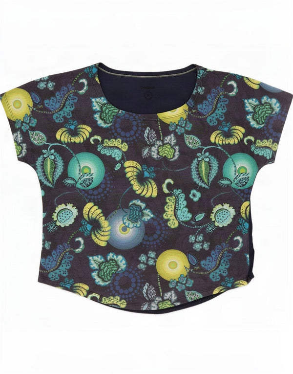 Desigual Dame Oversized grafisk T-shirt Top UK 14 Medium Navy Blue Floral