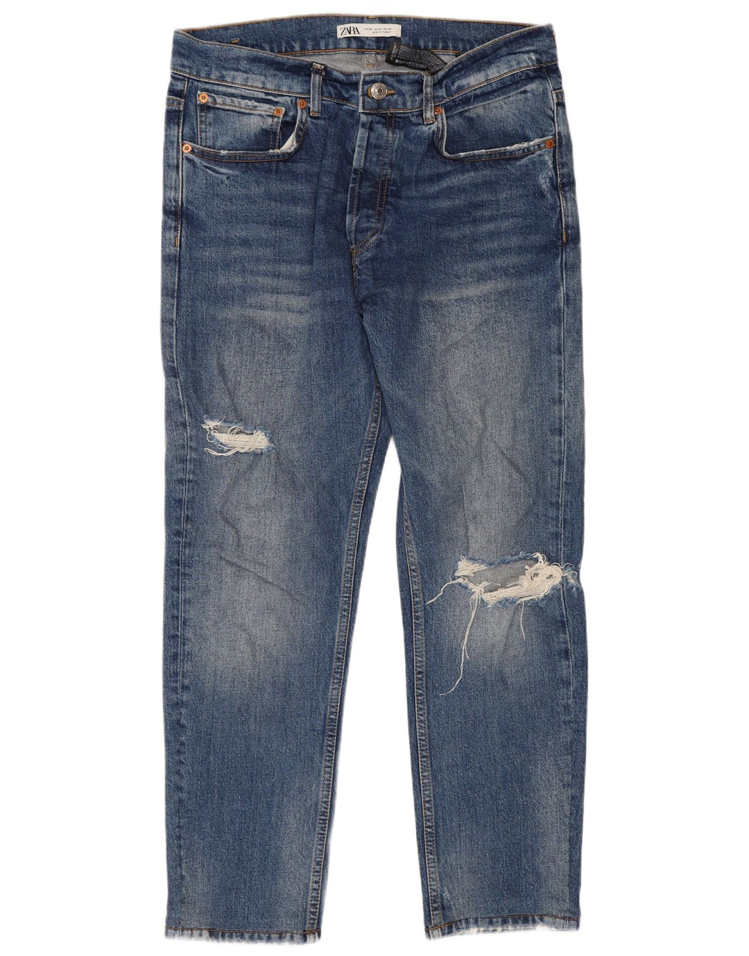 Zara Herre Distressed Cropped Jeans EU 42 Large W32 L26 Blue Cotton