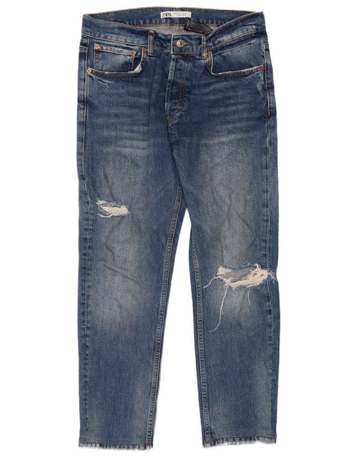 Zara Herre Distressed Cropped Jeans EU 42 Large W32 L26 Blue Cotton