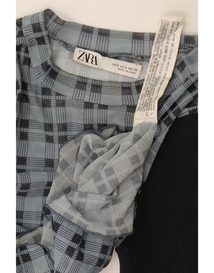 Zara Womens Crop Langærmet Bluse Top UK 8 Small Navy Blue Check