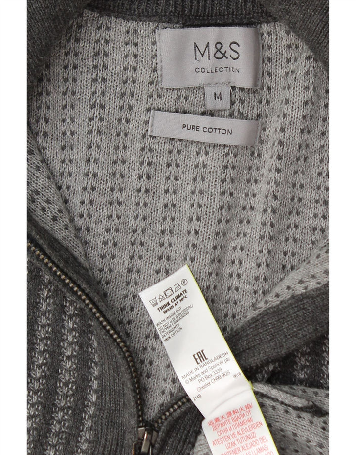 MARKS & SPENCER Herre sweater med lynlåshals mellem grå stribet bomuld