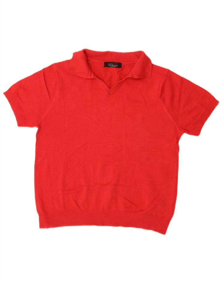 Zara Herre Kortærmet Polo Neck Jumper Sweater Medium Rød Bomuld