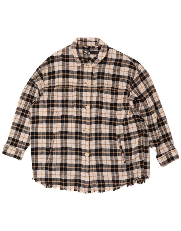 Zara Dame Oversized Flanell Shirt UK 16 Stor Beige Plaid Bomuld