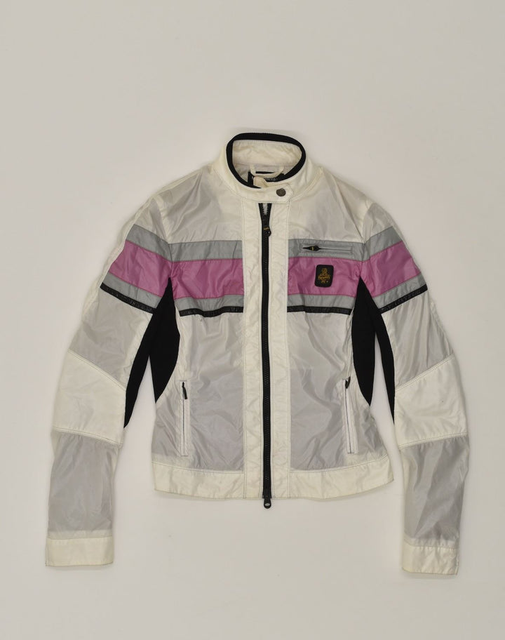 REFRIGIWEAR Womens Biker Jacket UK 10 Small Beige Colourblock Polyester | Vintage Refrigiwear | Thrift | Second-Hand Refrigiwear | Used Clothing | Messina Hembry 