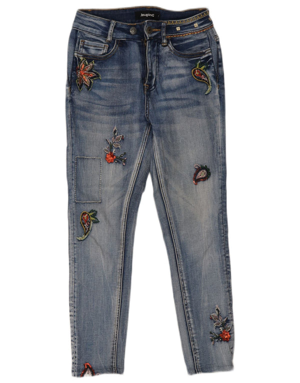 Desigual Kvinders Grafiske Slim Jeans W24 L24 Blå Blomsterbomuld