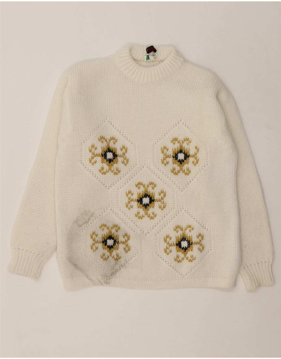 VINTAGE Mens Crew Neck Jumper Sweater IT 48 Medium White Fair Isle Acrylic Vintage Vintage and Second-Hand Vintage from Messina Hembry 
