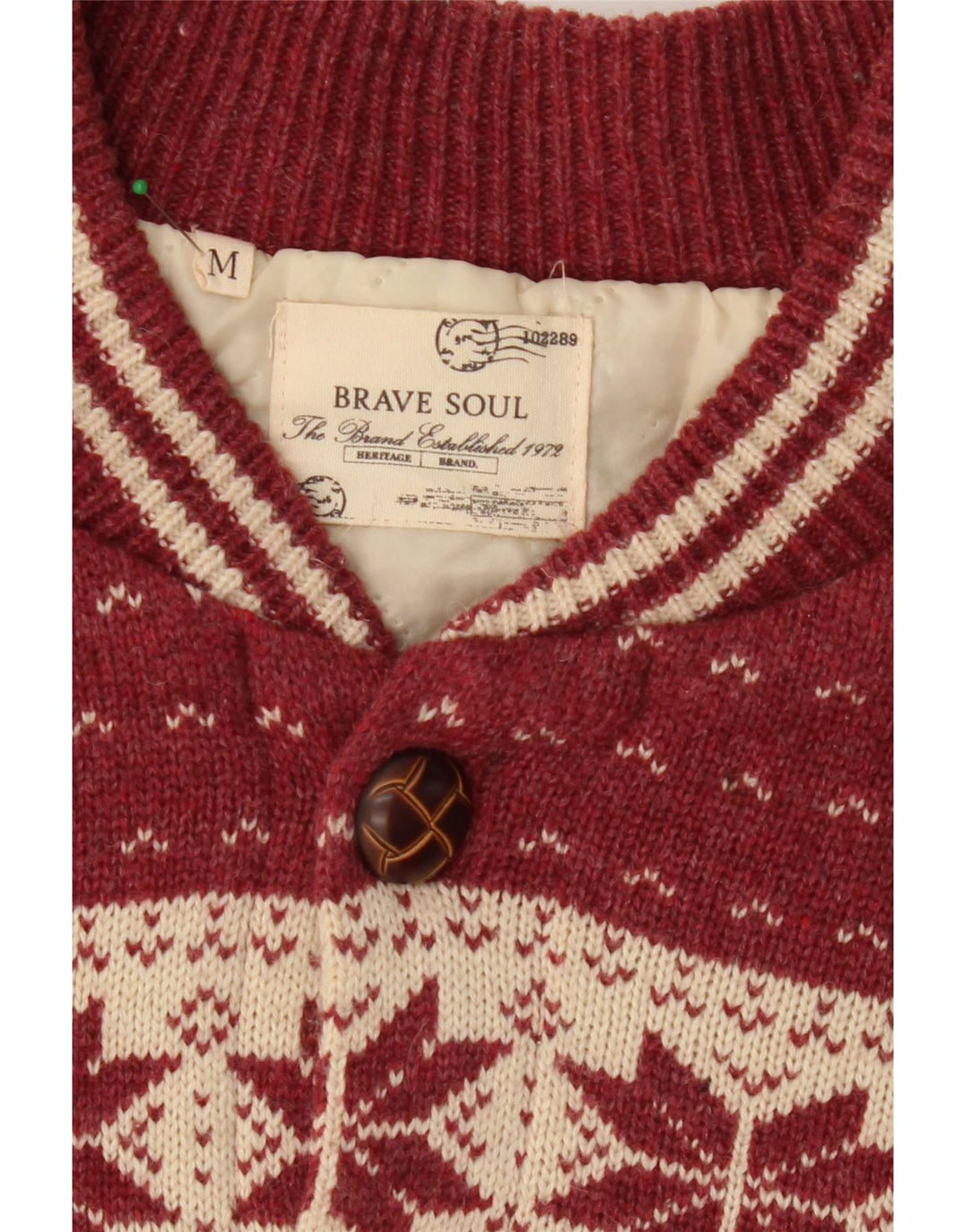 BRAVE SOUL Mens Cardigan Sweater Medium Burgundy Fair Isle Polyester Vintage Brave Soul and Second-Hand Brave Soul from Messina Hembry 