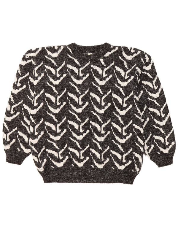 Vintage Dame Crew Neck Jumper Sweater UK 16 Stor Sort Geometrisk