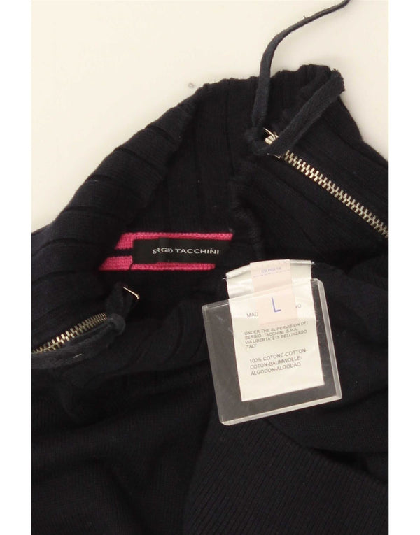 Sergio Tacchini Dame Zip Neck Jumper Sweater UK 16 Large Navy Blue