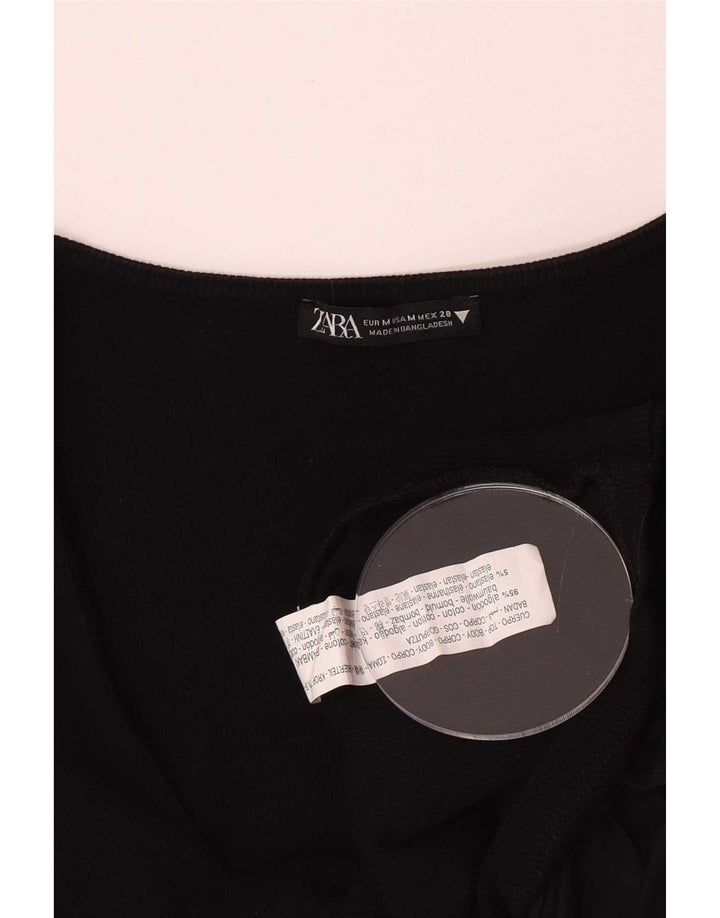 Zara Dame 3/4 ærmet Crop Top UK 12 Medium Sort Bomuld