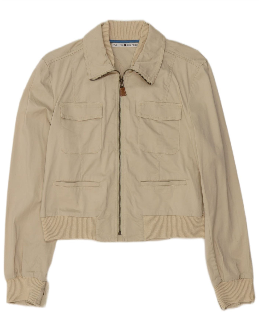 Tommy Hilfiger Dame Crop Bomber Jacket UK 16 Stor Beige Bomuld