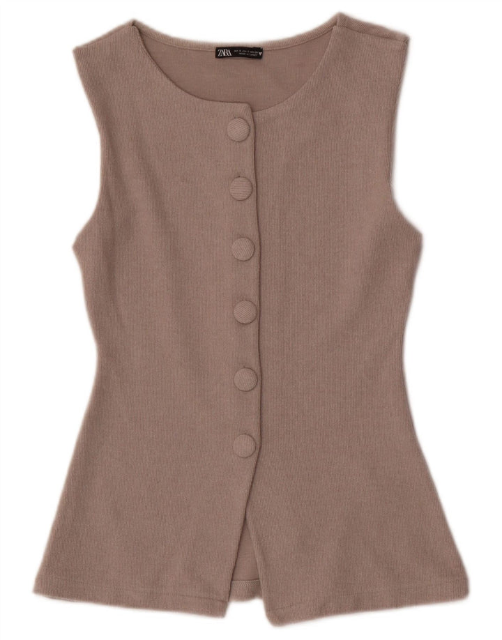 Zara Dame Ærmeløs Cardigan Top UK 8 Small Beige Polyester