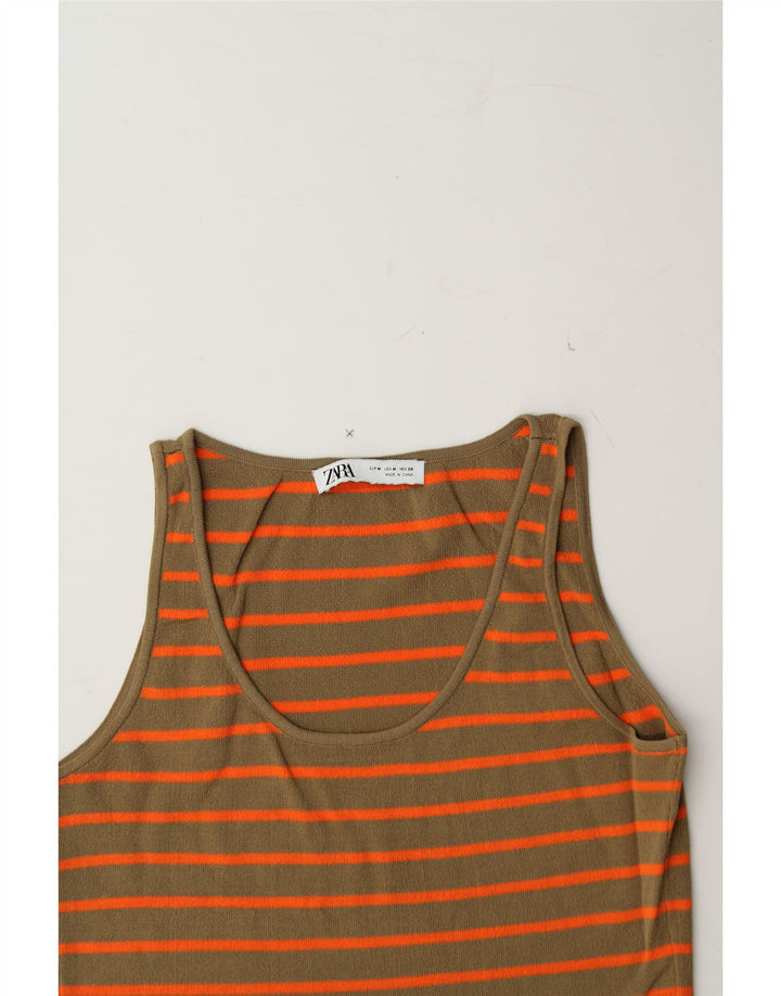 ZARA Womens Crop Vest Top UK 12 Medium Khaki Striped Viscose Vintage Zara and Second-Hand Zara from Messina Hembry 