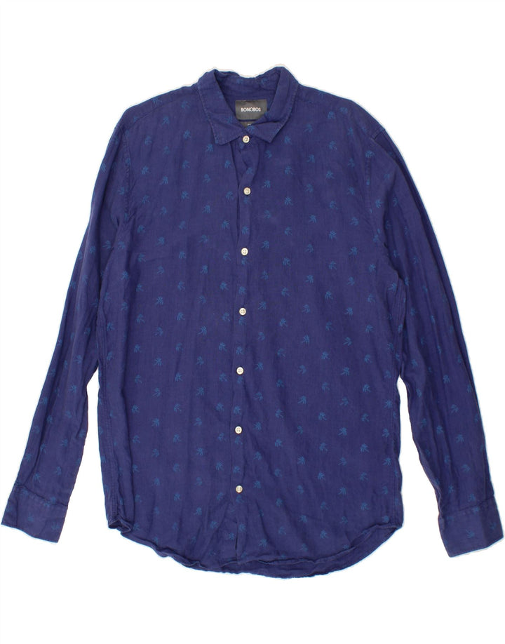 BONOBOS Mens Tall Shirt Large Navy Blue Floral Linen Vintage BONOBOS and Second-Hand BONOBOS from Messina Hembry 