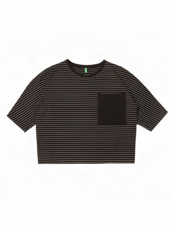 Benetton Womens Crop Oversized T-Shirt Top UK 10 Small Black Pinstripe