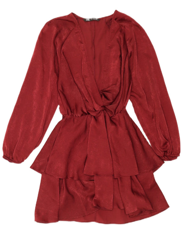 Zara Langærmet Peplum Kjole til kvinder UK 6 XS Burgundy Polyester