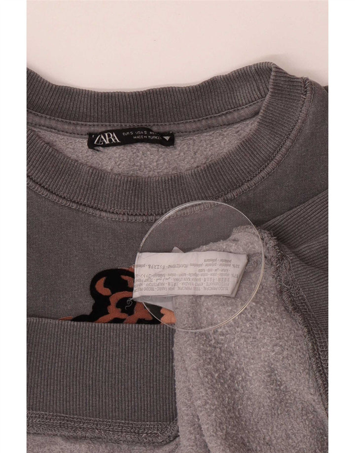 Zara Womens Grafisk Oversized Sweatshirt Jumper UK 10 Small Grey Bomuld
