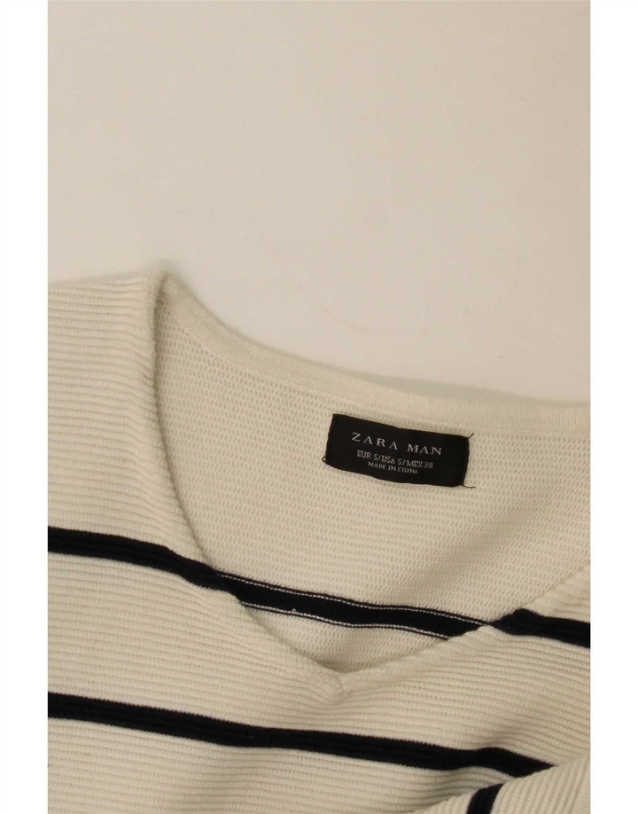 Zara Herre V-hals sweater lille hvid stribet