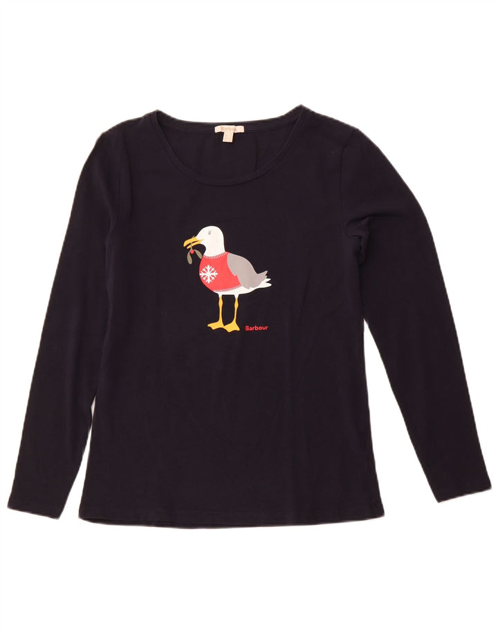 BARBOUR Dame Grafisk Top Langærmet UK 10 Small Navy Blue Christmas