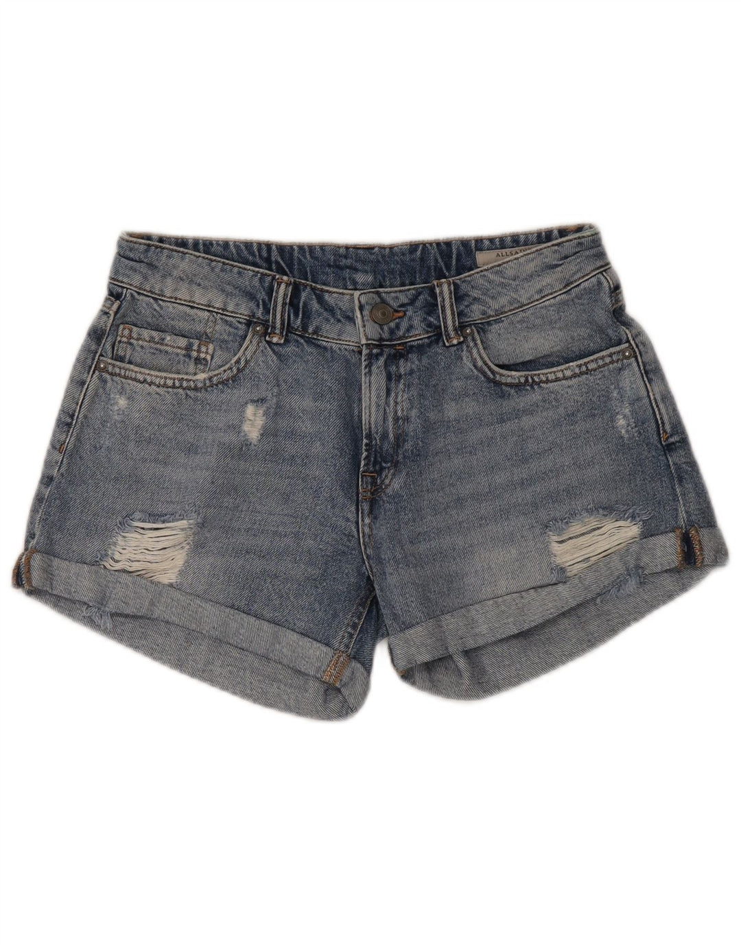 All Saints Dame Distressed Denim Shorts W30 Medium Blue Bomuld