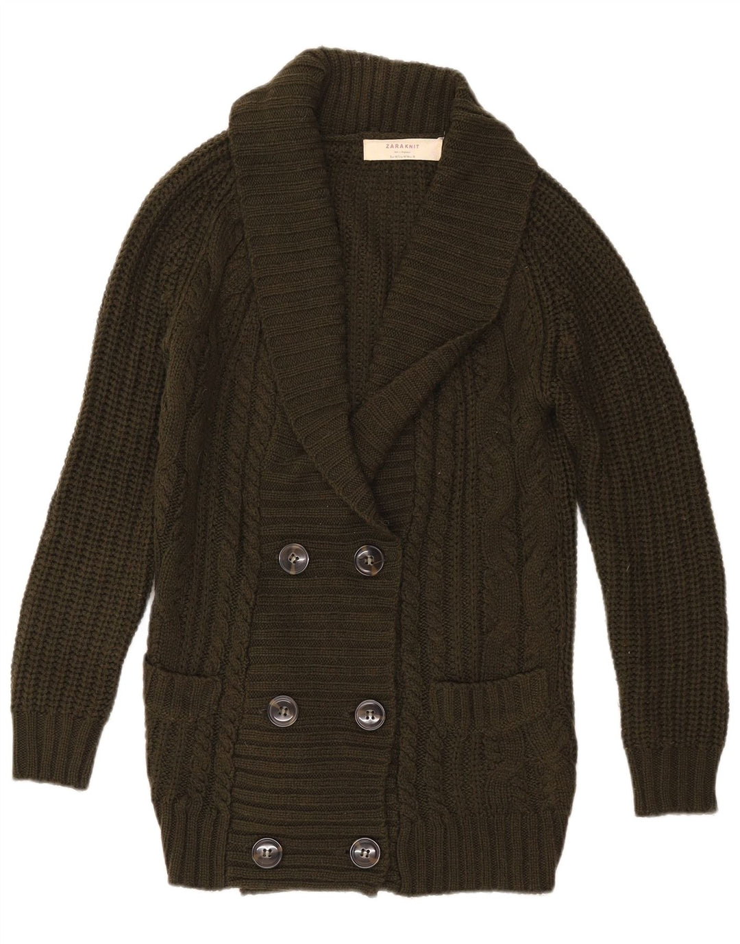 Zara Dame Dobbeltradet Cardigan Sweater UK 14 Medium Khaki