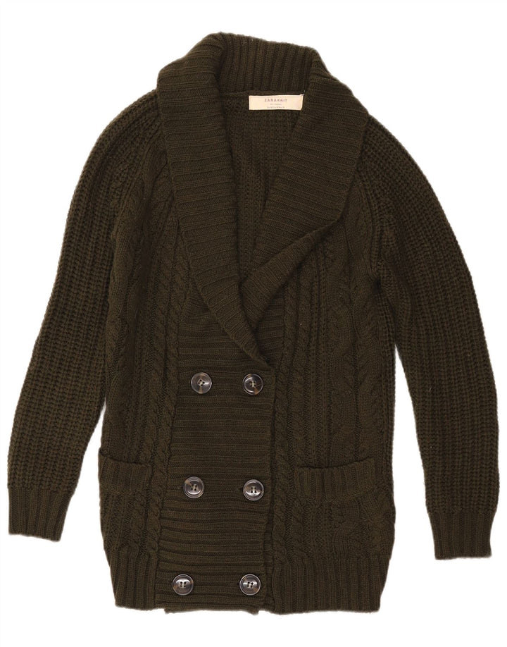 Zara Dame Dobbeltradet Cardigan Sweater UK 14 Medium Khaki