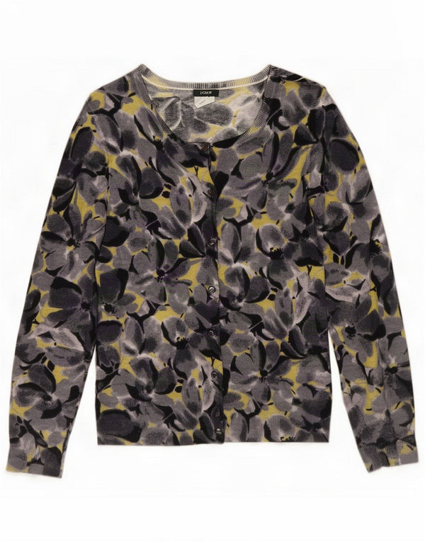 J. Crew Dame Cardigan Sweater UK 12 Medium Grey Floral Merino Wool