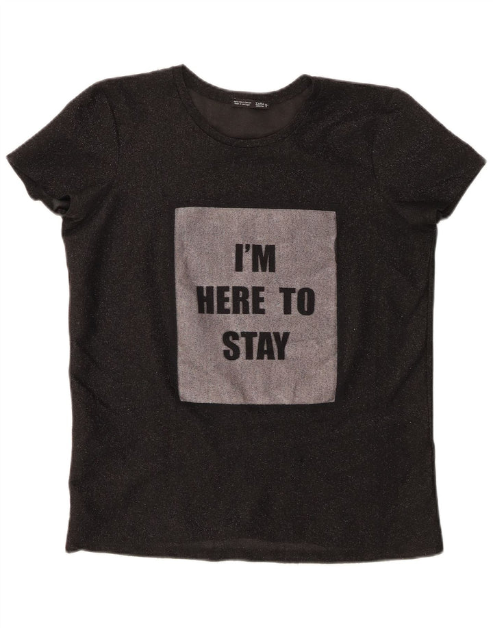 Zara Dame Grafisk T-Shirt Top UK 10 Lille Sort