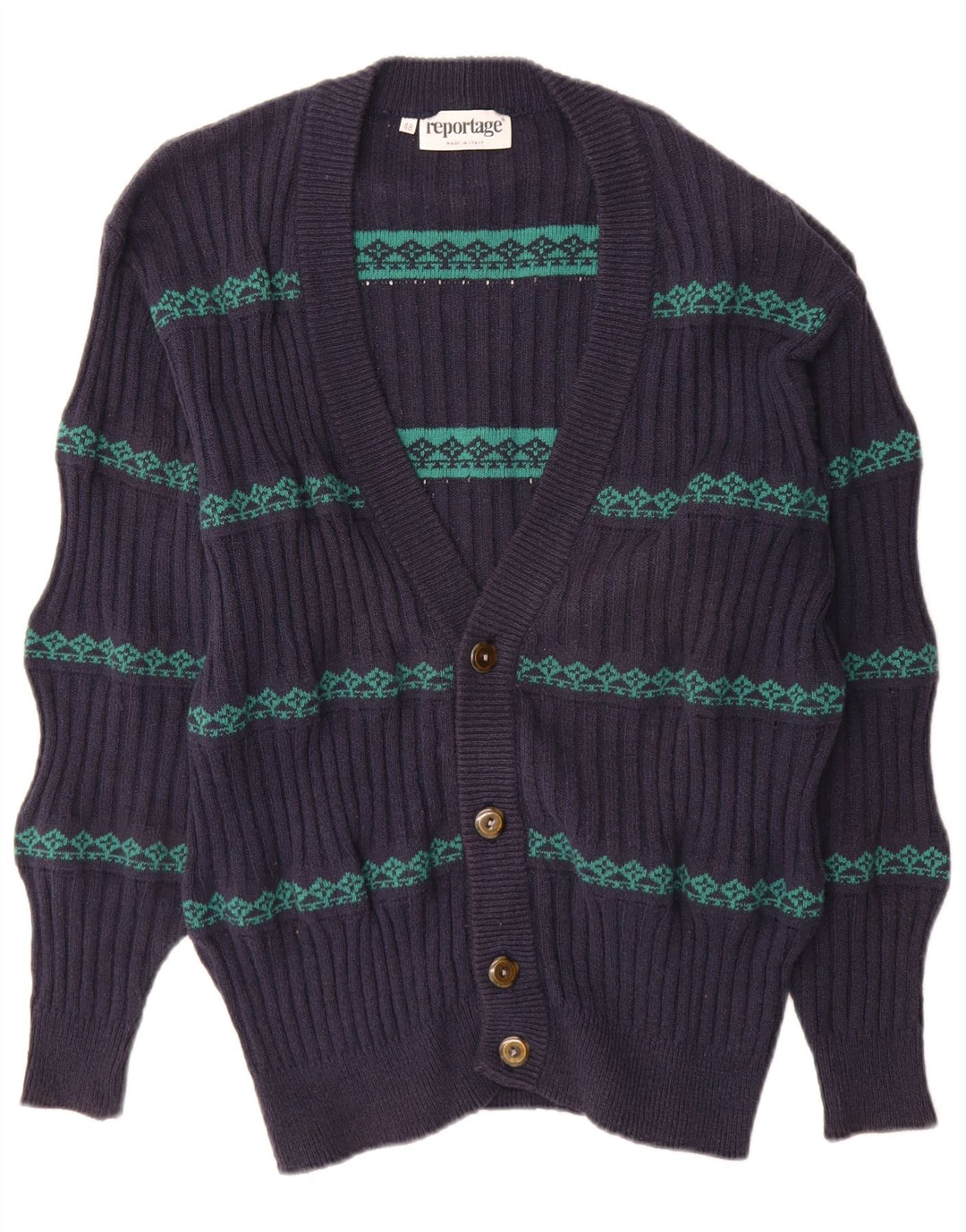Reportage Herre Cardigan Sweater IT 48 Medium Navy Blue Fair Isle Cotton