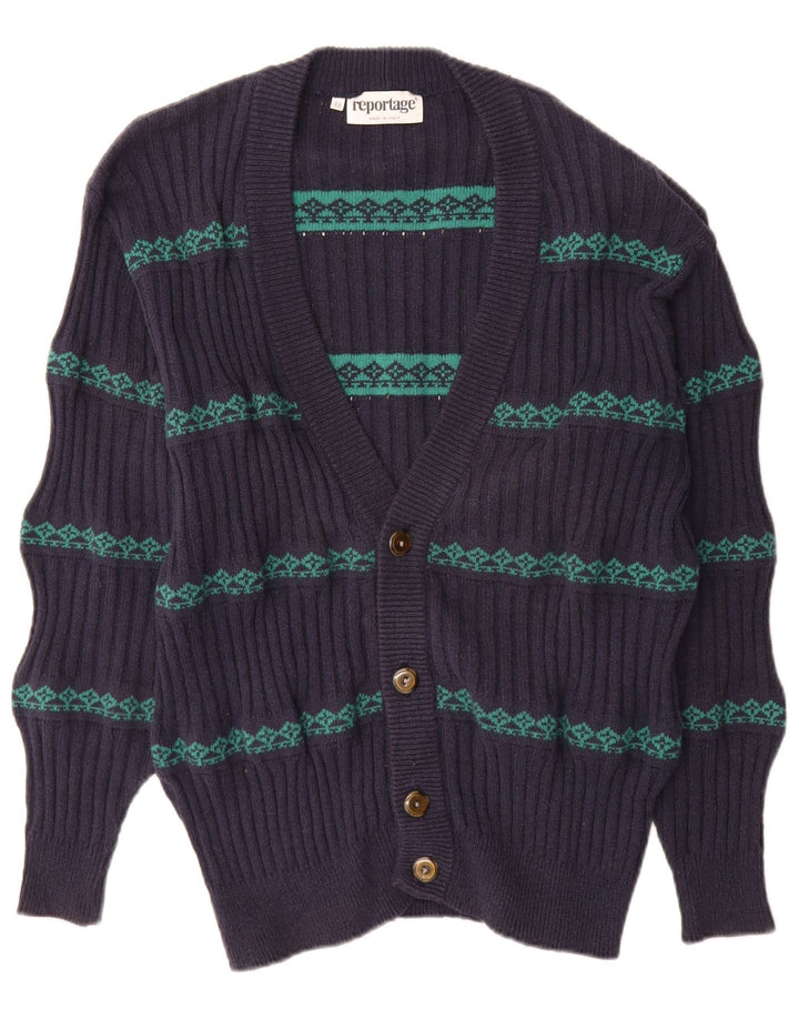 Reportage Herre Cardigan Sweater IT 48 Medium Navy Blue Fair Isle Cotton