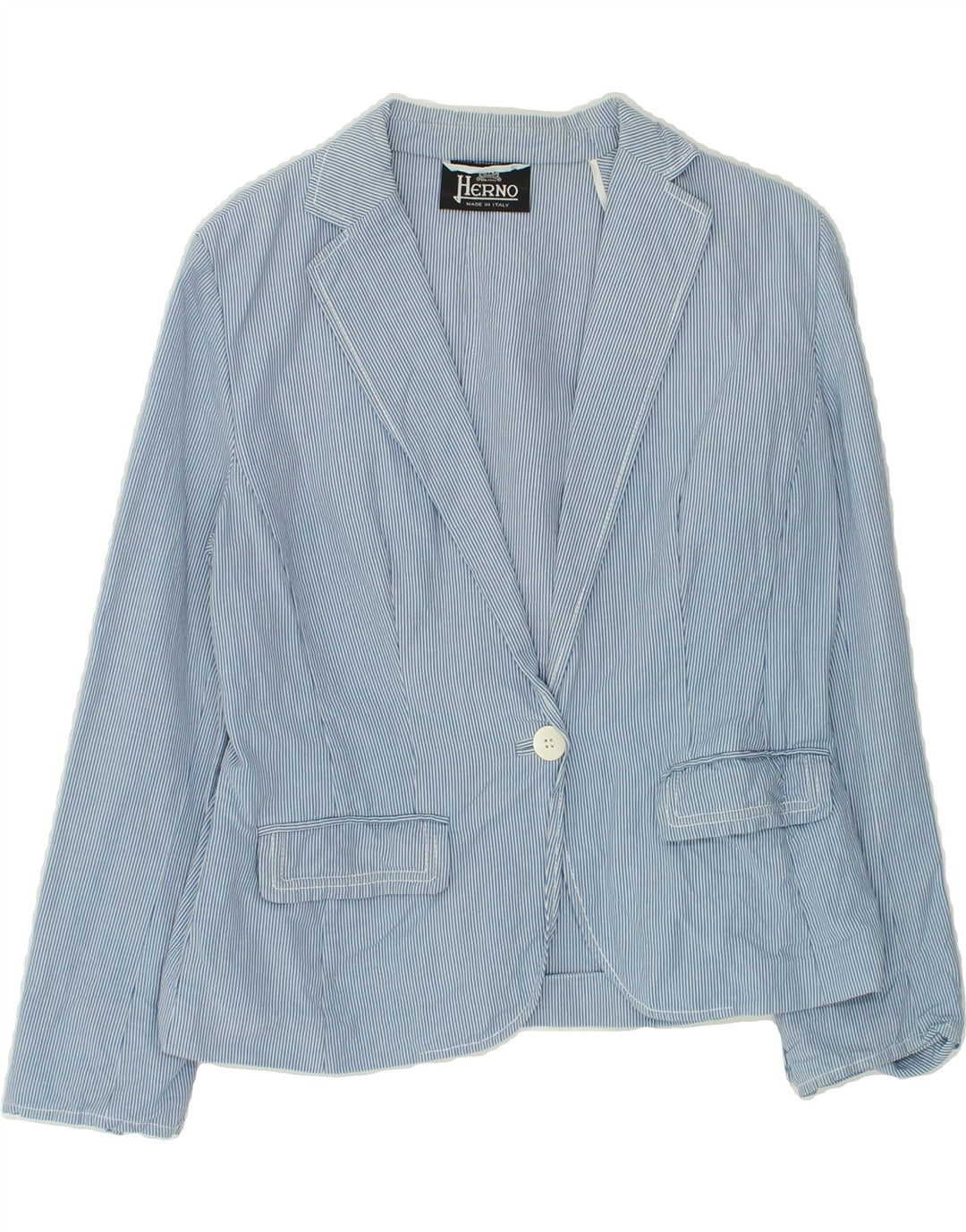 HERNO Womens 1 Button Blazer Jacket IT 48 XL Blue Pinstripe Cotton | Vintage Herno | Thrift | Second-Hand Herno | Used Clothing | Messina Hembry 