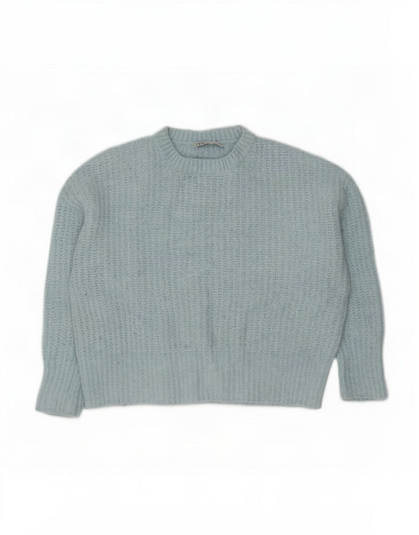 Zara Dame Oversized Crew Neck Jumper Sweater UK 14 Medium Blue Polyester
