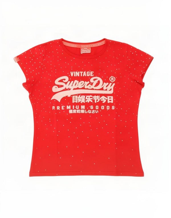 Superdry grafisk T-shirt top til kvinder UK 18 XL rød plettet bomuld