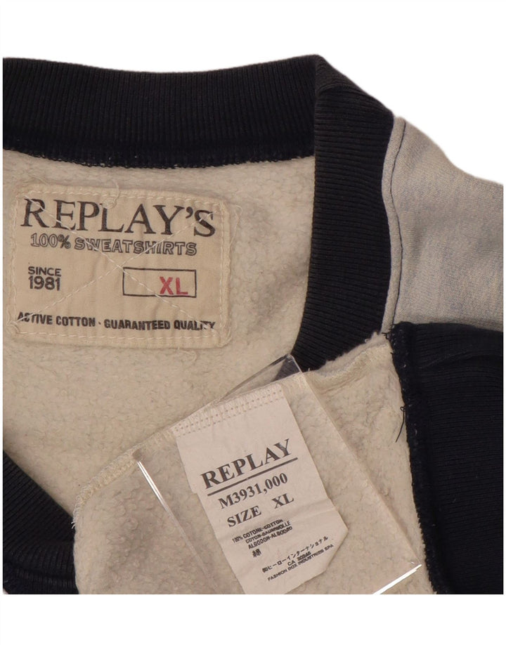 REPLAY Herre Grafisk Sweatshirt Jumper XL Blå Colourblock Bomuld