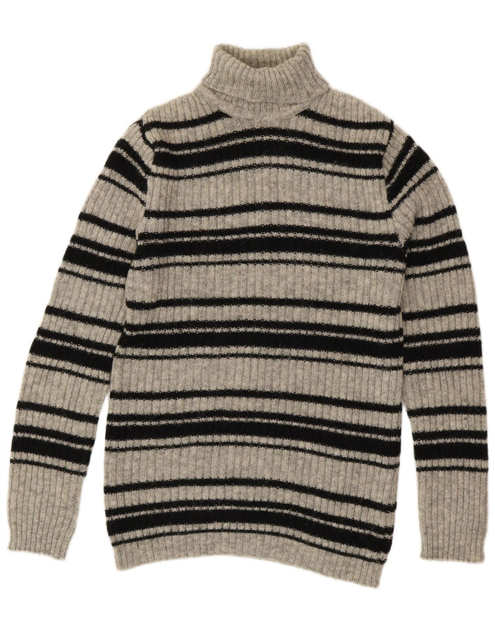 SHETLAND Dame Rullehals Sweater UK 16 Stor grå stribet uld