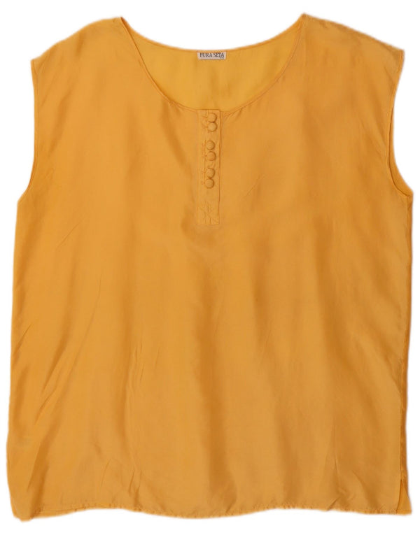 Vintage Dame Ærmeløs Bluse Top UK 20 2XL Gul Silke