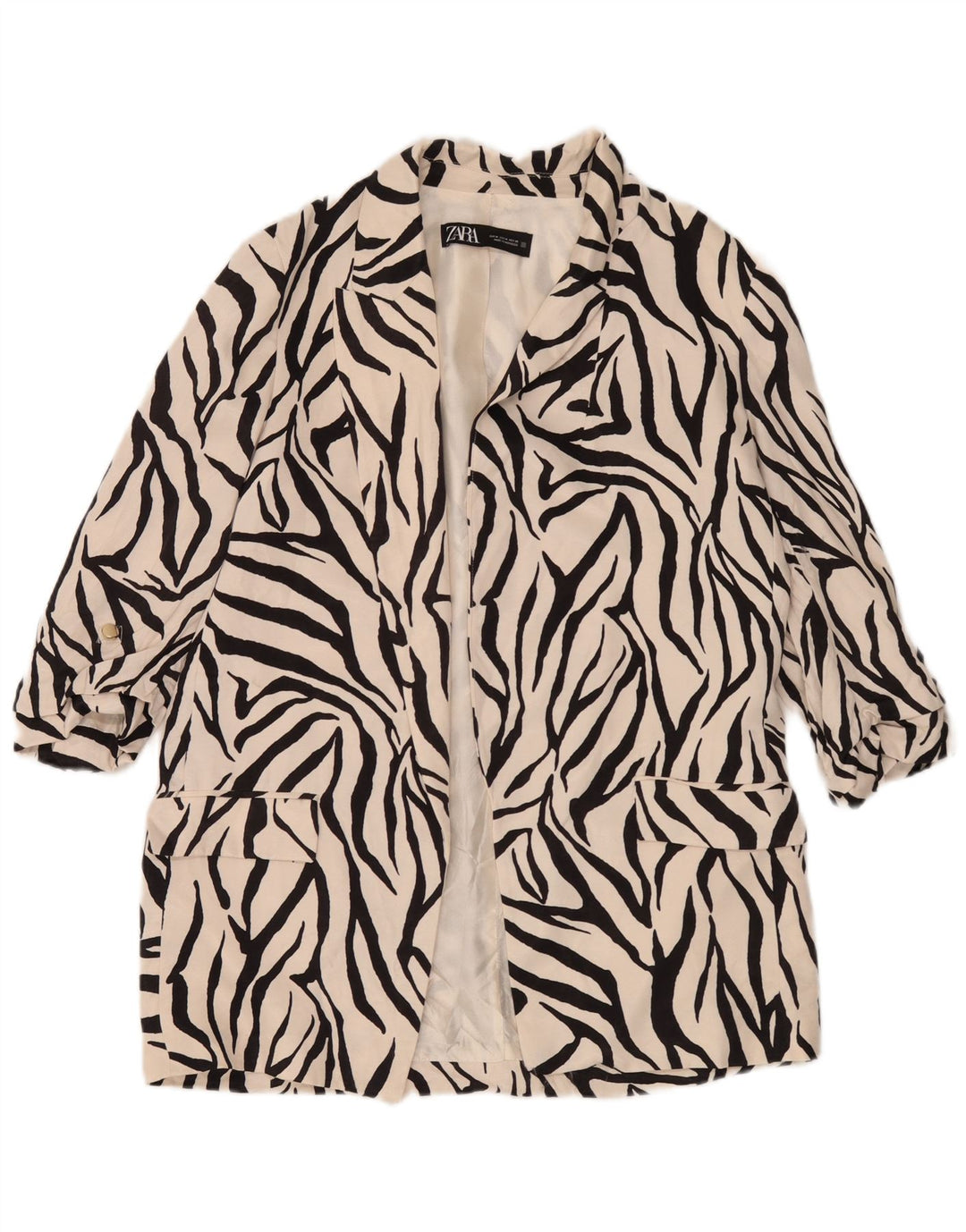 Zara Dame 3/4 ærmet åben blazerjakke UK 14 Medium White Animal Print