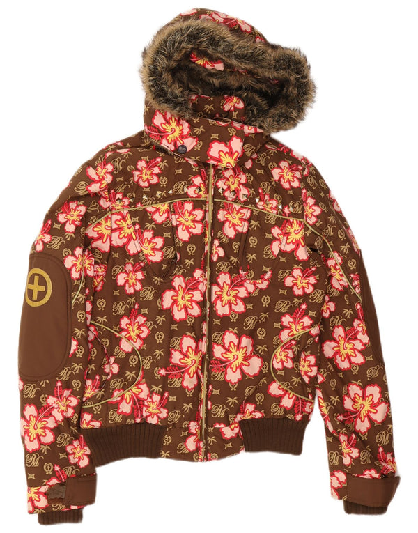 Vintage Womens Hooded Bomber Jacket UK 14 Medium Brown Floral Nylon