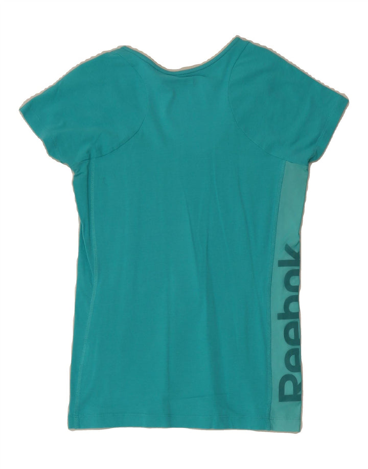 REEBOK Womens Graphic T-Shirt Top UK 8/10 Small Turquoise Vintage Reebok and Second-Hand Reebok from Messina Hembry 