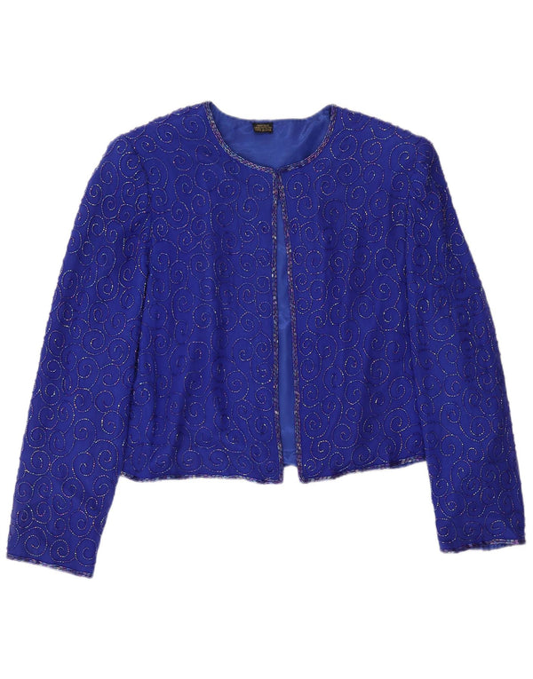Vintage Womens Crop Blazer Jacket UK 14 Medium Blue Silk