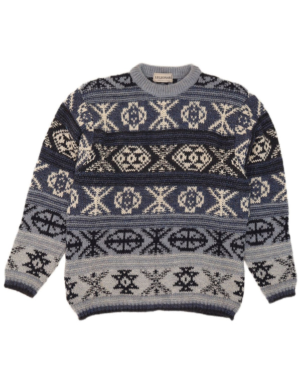 Vintage Herre Crew Neck Jumper Sweater IT 48 Medium Blue Fair Isle Wool