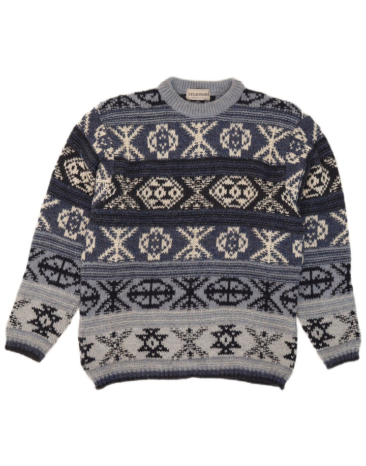 Vintage Herre Crew Neck Jumper Sweater IT 48 Medium Blue Fair Isle Wool
