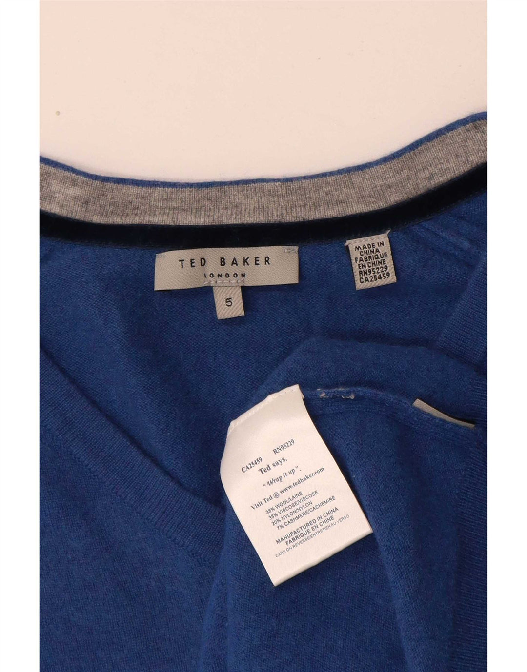Ted Baker Dame V-hals sweater Størrelse 5 XL Blå Uld