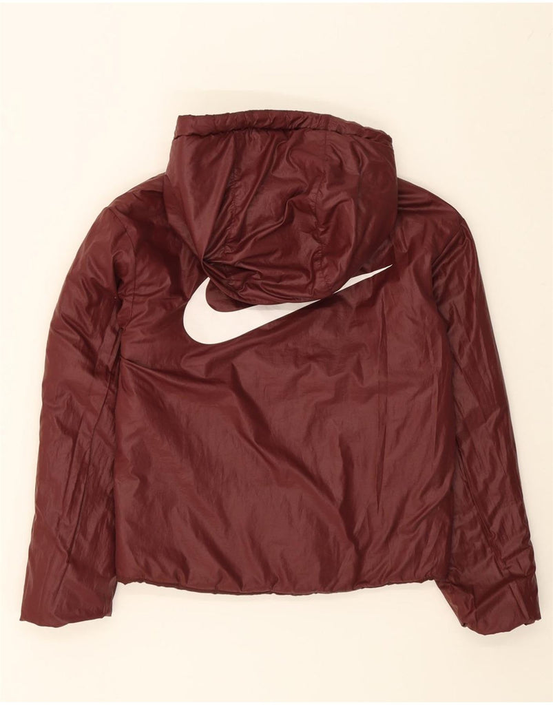 NIKE Womens Graphic Hooded Padded Jacket UK 6 XS Maroon Polyester Vintage Nike and Second-Hand Nike from Messina Hembry 