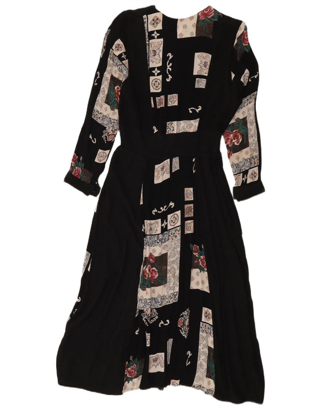 Vintage Dame Langærmet A-Line Kjole UK 18 XL Sort Patchwork