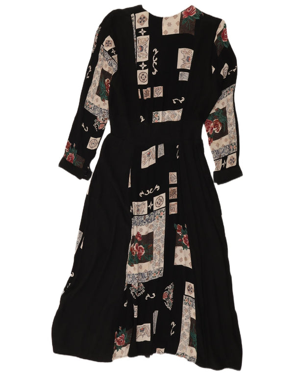 Vintage Dame Langærmet A-Line Kjole UK 18 XL Sort Patchwork
