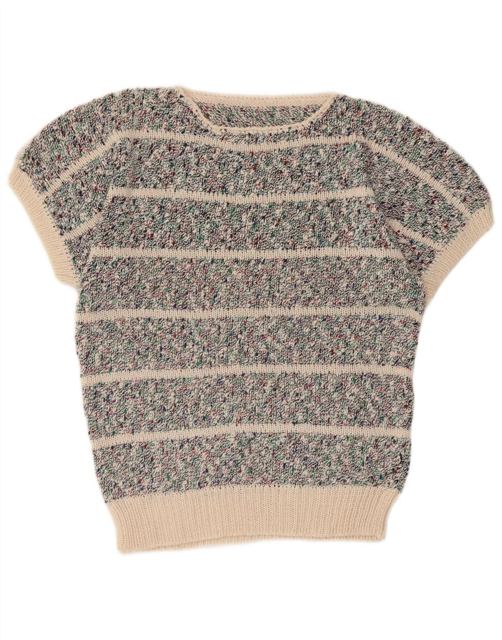 Vintage dame sweater med rund hals DK 10 lille grå stribet
