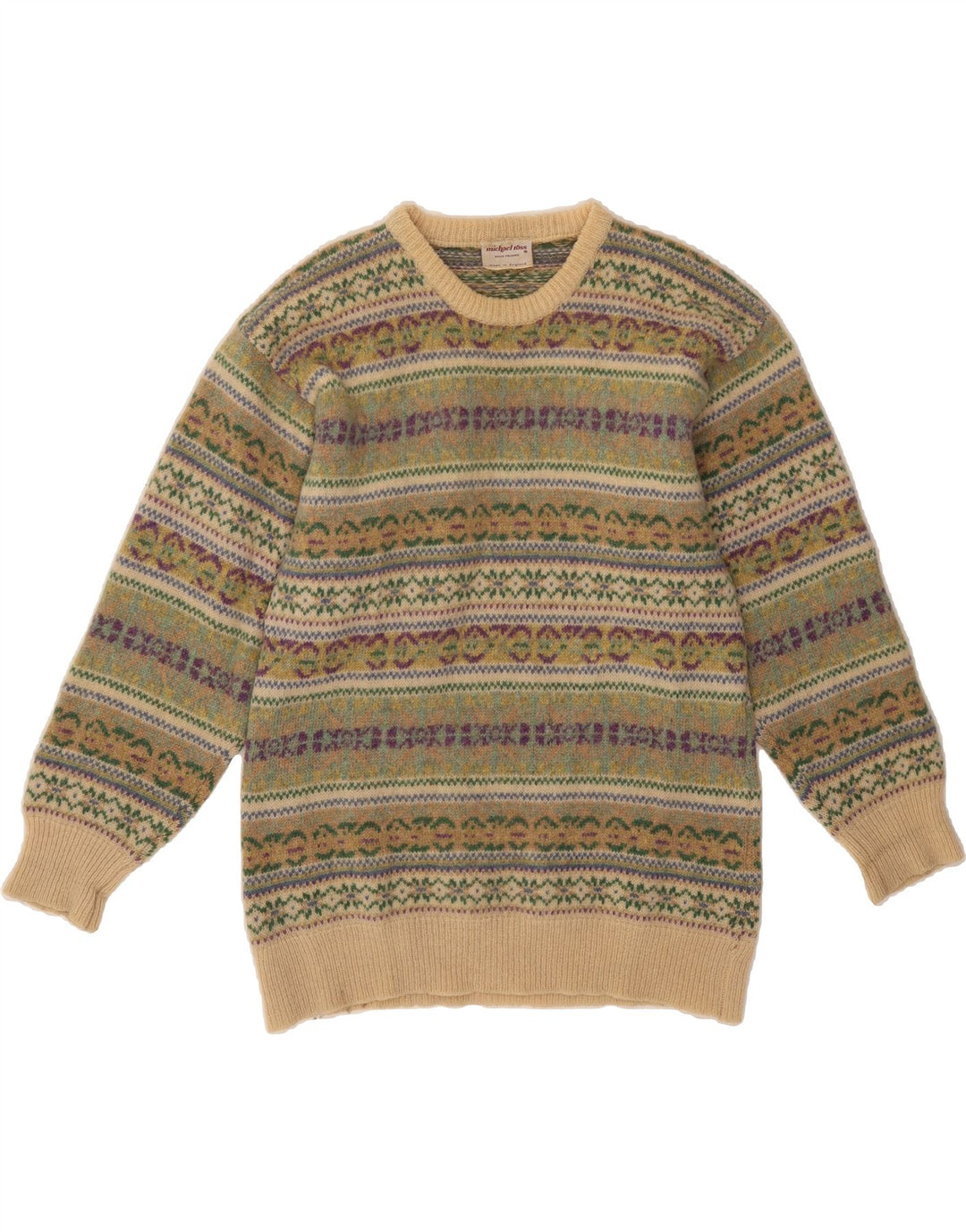 MICHAEL ROSS Sweater med rund hals til mænd Small Green Fair Isle