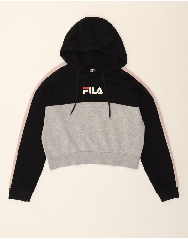 Fila Womens Crop Graphic Hoodie Jumper UK 14 Medium Black Colourblock